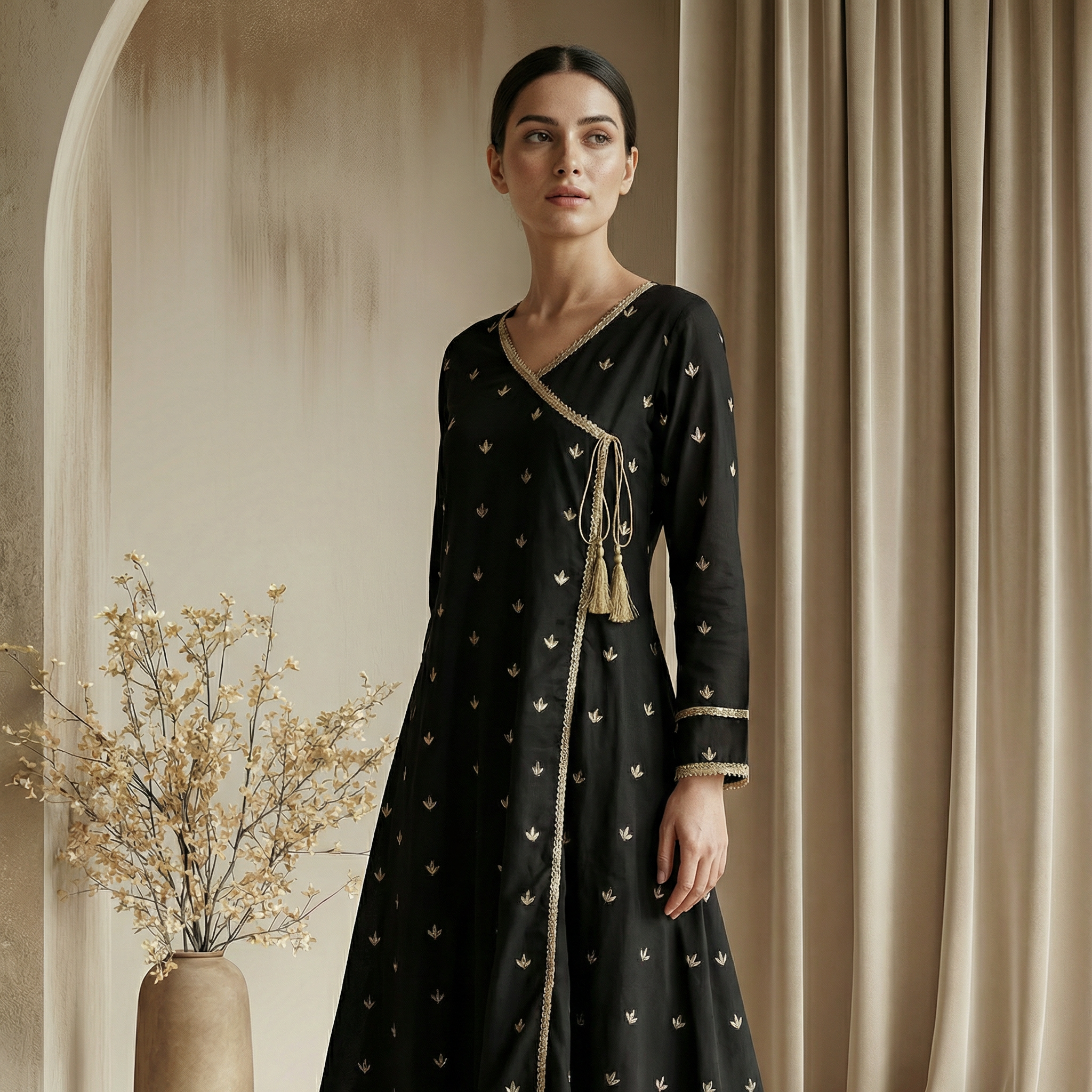 Black & Gold Motif Angrakha with Plazo 2-Piece Set (15% OFF)