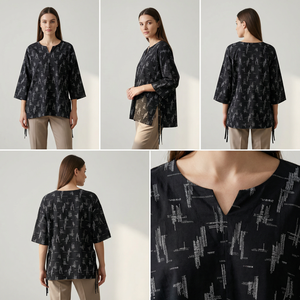 Printed V-Neck Black Top (20% OFF)
