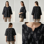 Printed V-Neck Black Top (20% OFF)