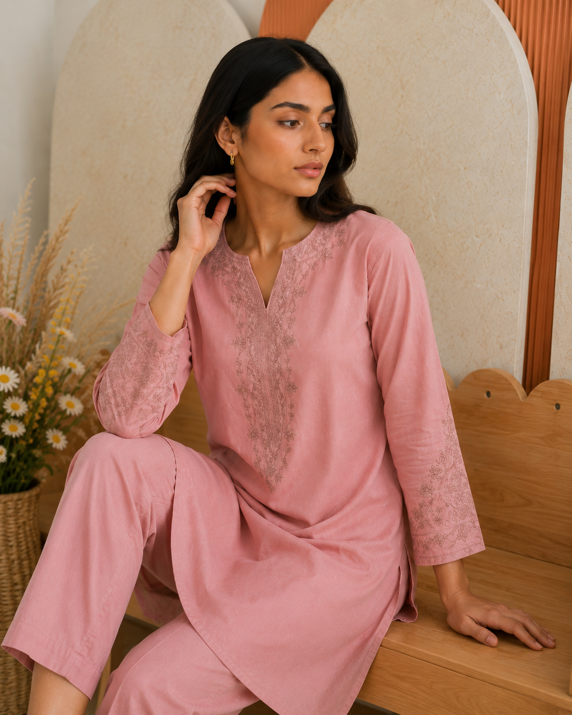 Rosewood Embroidered Cotton Co-ord Set (2 Pc)