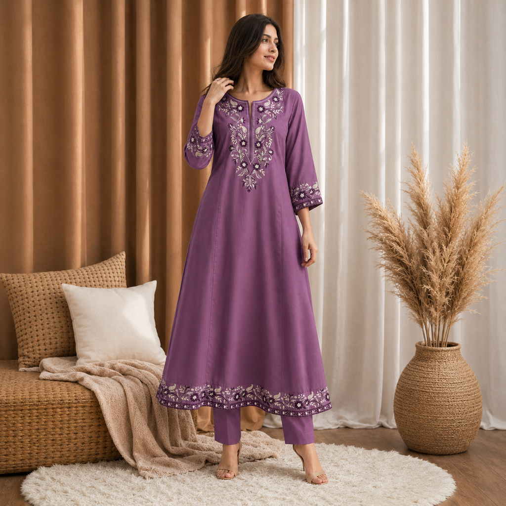 Mauve Vine Embroidered Cotton Set (2 Pc)