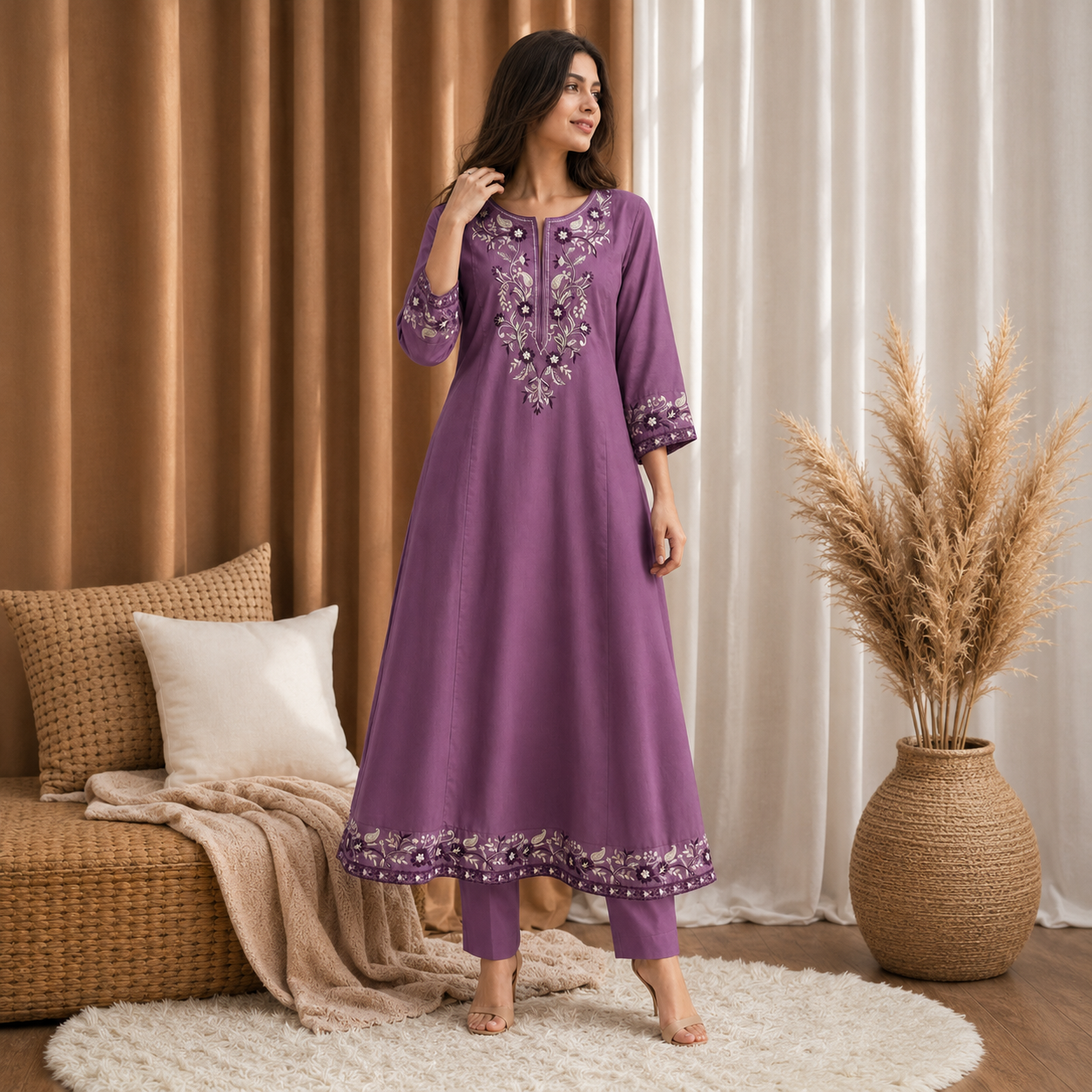 Mauve Vine Embroidered Cotton Set (2 Pc)