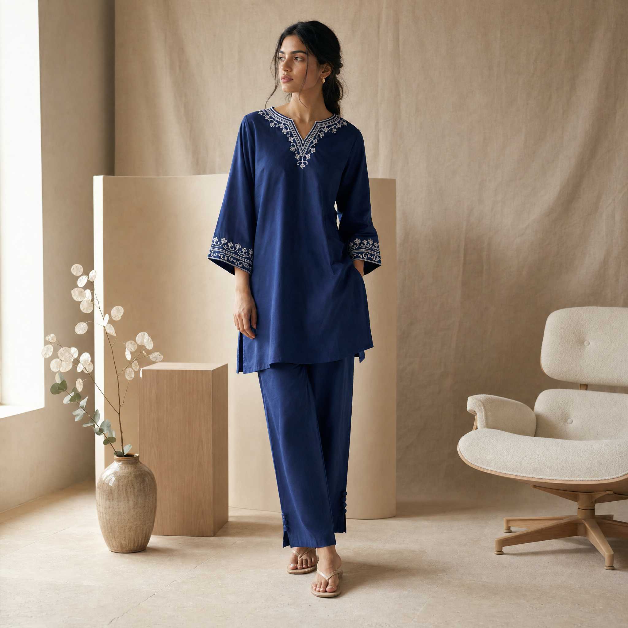 Azure Embroidered Cotton Kurta Set (2 Pc)