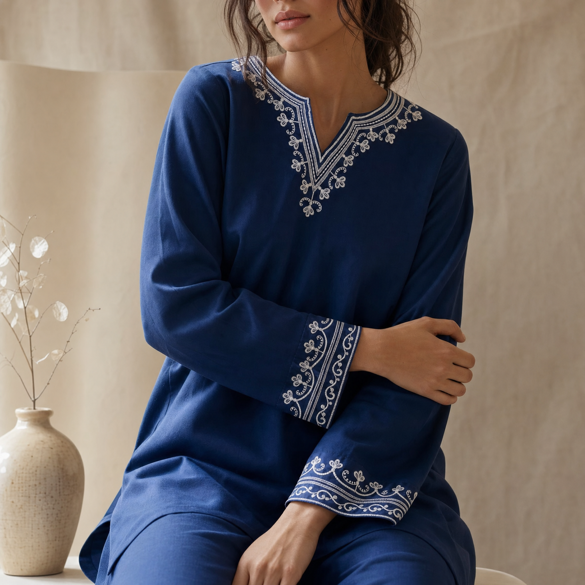 Azure Embroidered Cotton Kurta Set (2 Pc)
