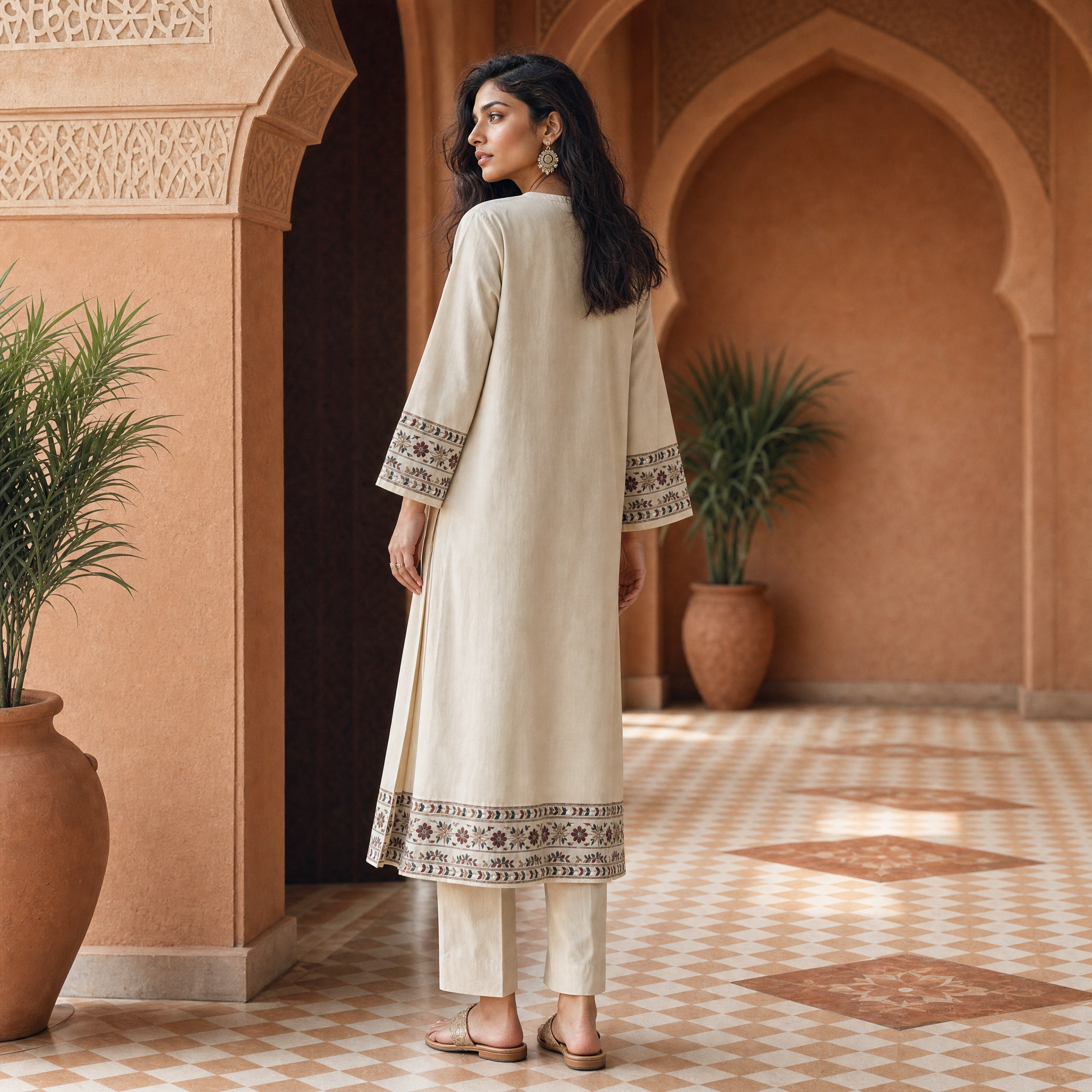 Sandstone Embroidered Cotton A-Line Set (2 Pc)