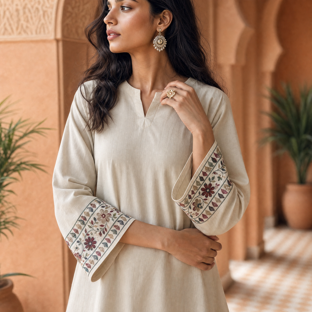 Sandstone Embroidered Cotton A-Line Set (2 Pc)