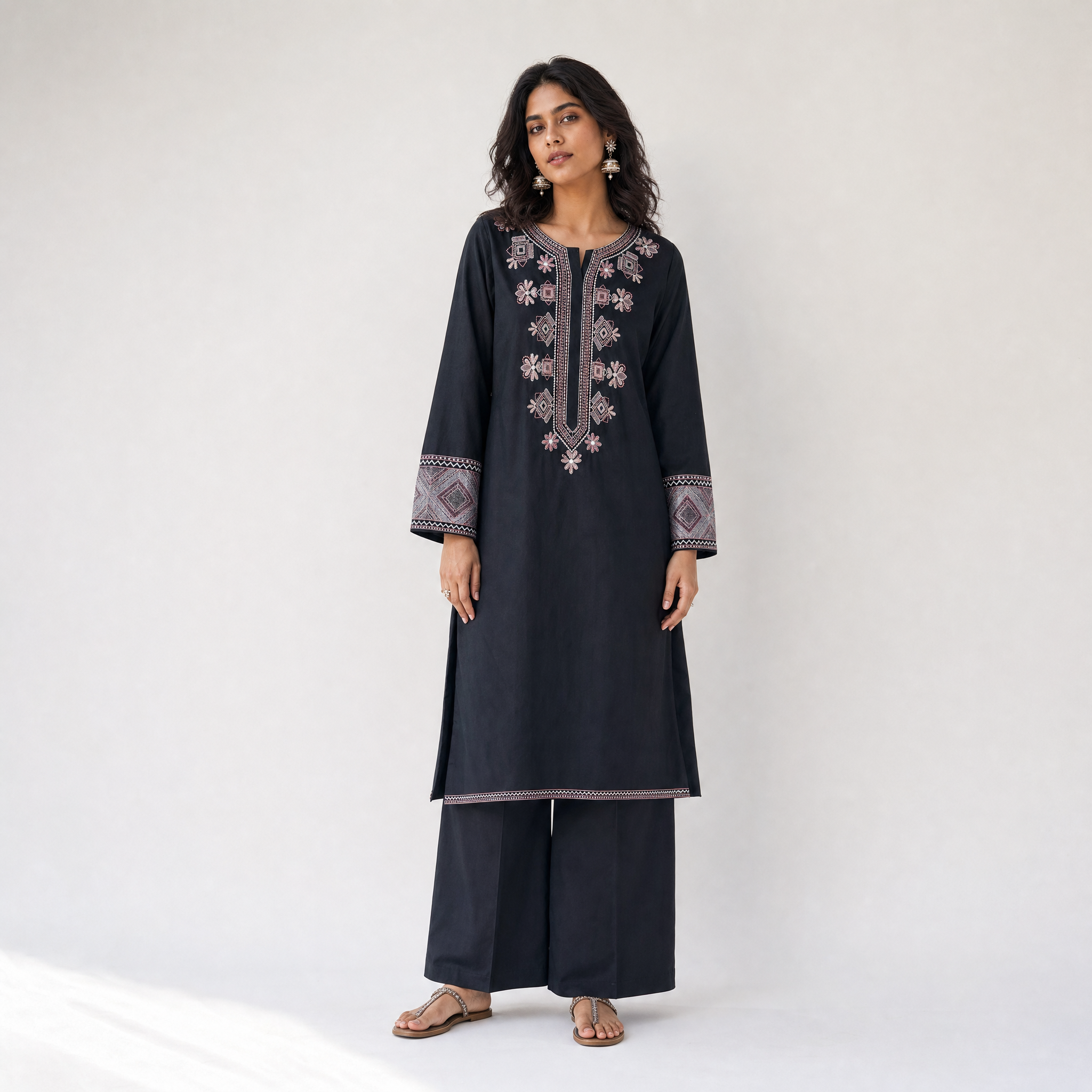 Black Embroidered Cotton Tunic & Trouser Set (2 Pc)