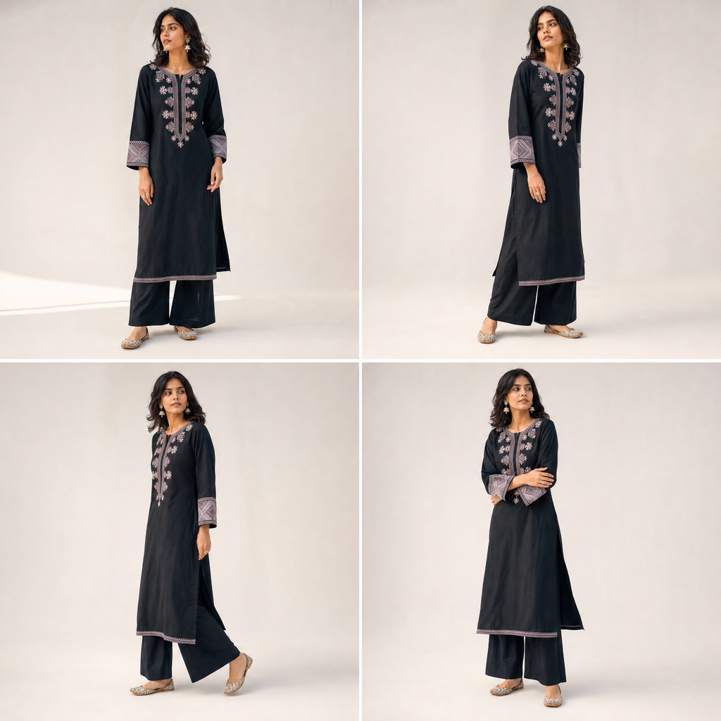Black Embroidered Cotton Tunic & Trouser Set (2 Pc)