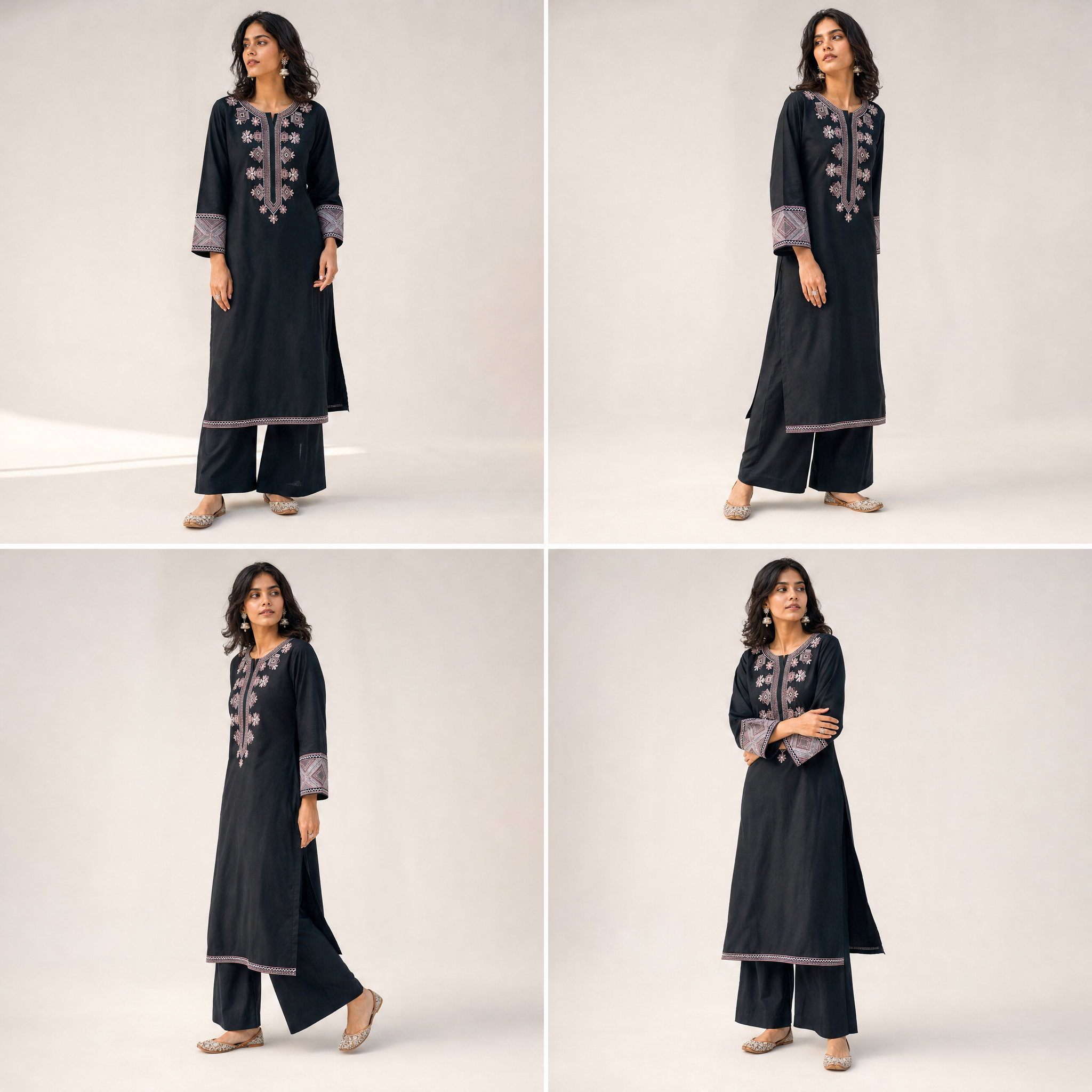 Black Embroidered Cotton Tunic & Trouser Set (2 Pc)