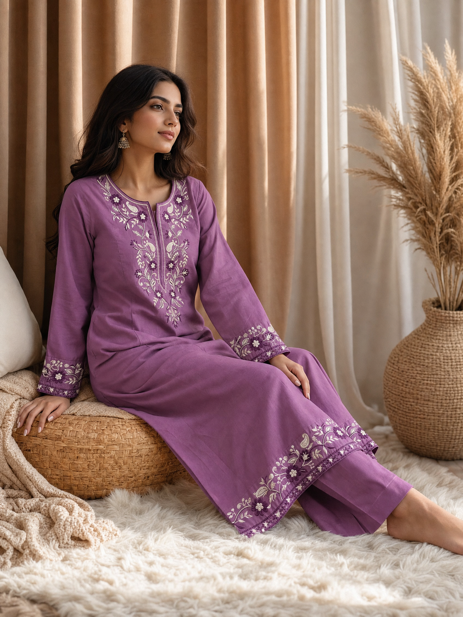Mauve Vine Embroidered Cotton Set (2 Pc)