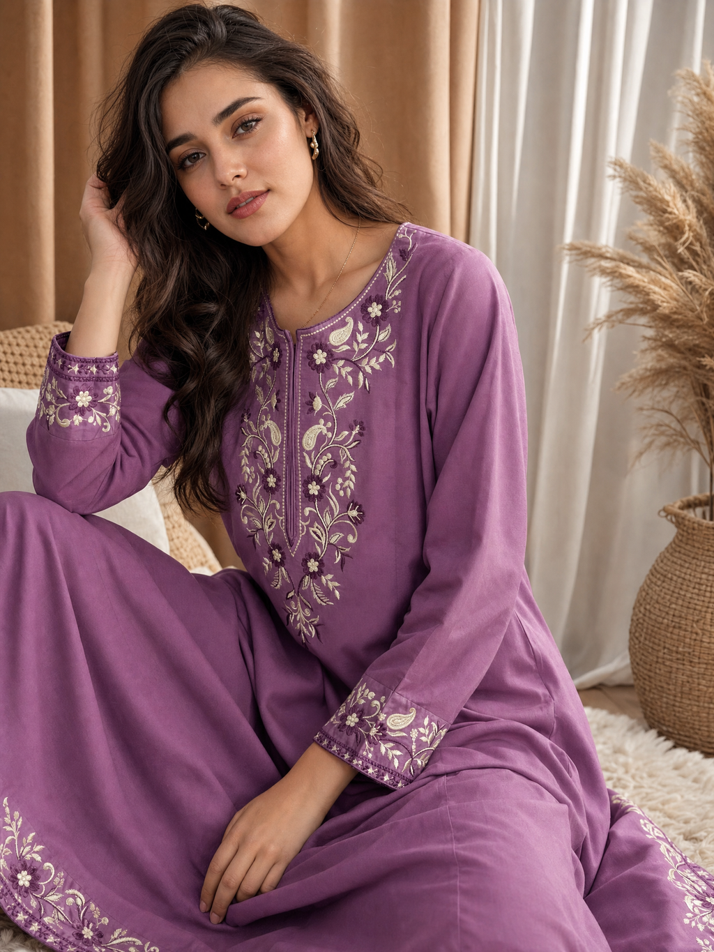 Mauve Vine Embroidered Cotton Set (2 Pc)