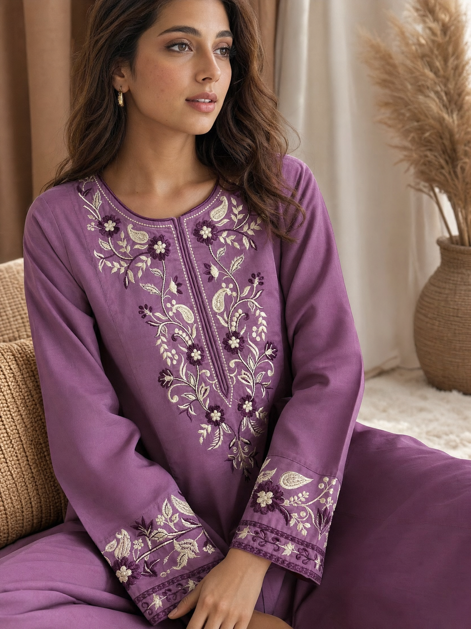 Mauve Vine Embroidered Cotton Set (2 Pc)