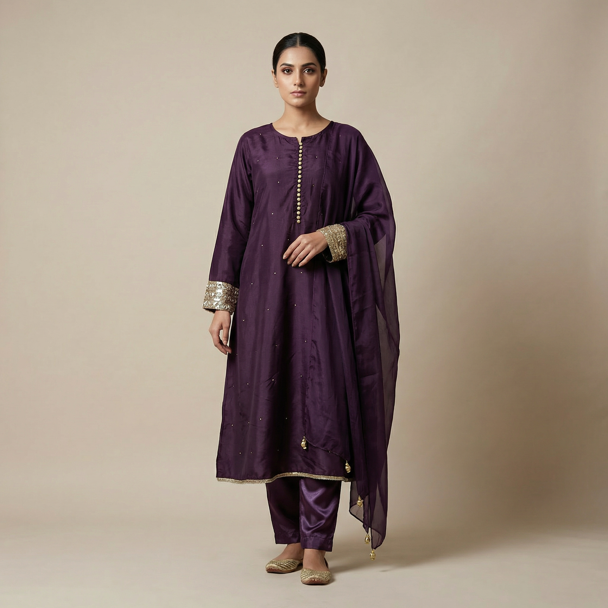 Deep Purple Silk Embellished Suit 3-Piece Set (15% OFF)