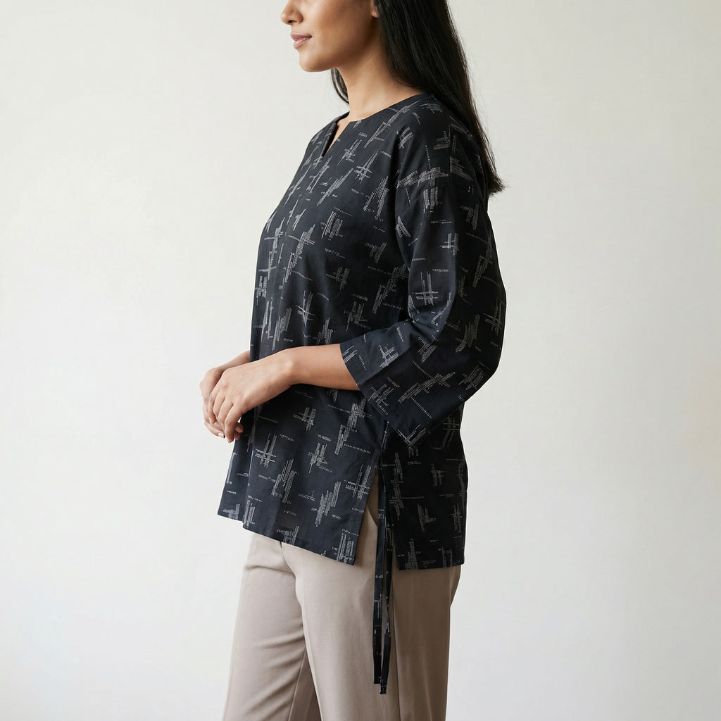 Printed V-Neck Black Top (20% OFF)