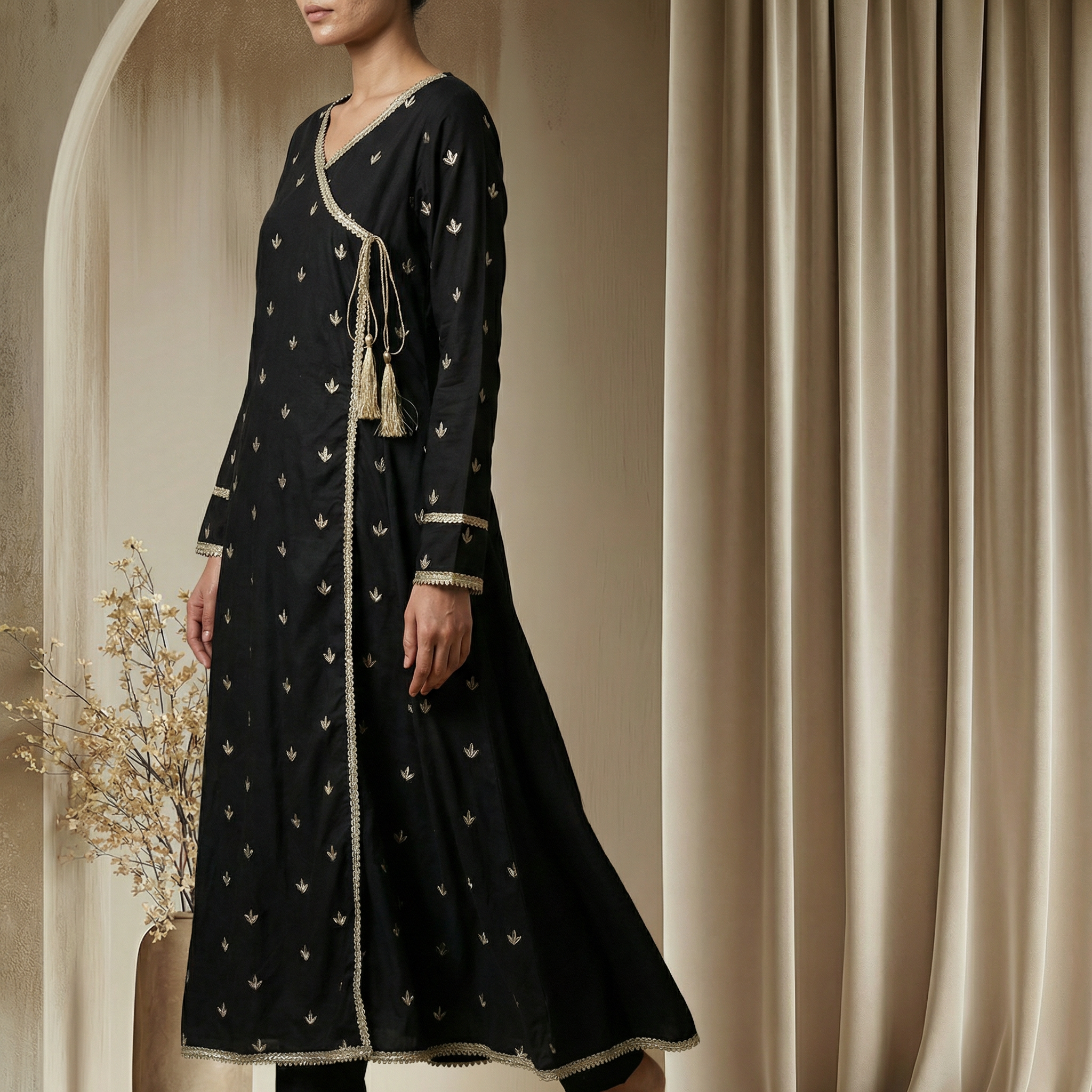 Black & Gold Motif Angrakha with Plazo 2-Piece Set (15% OFF)