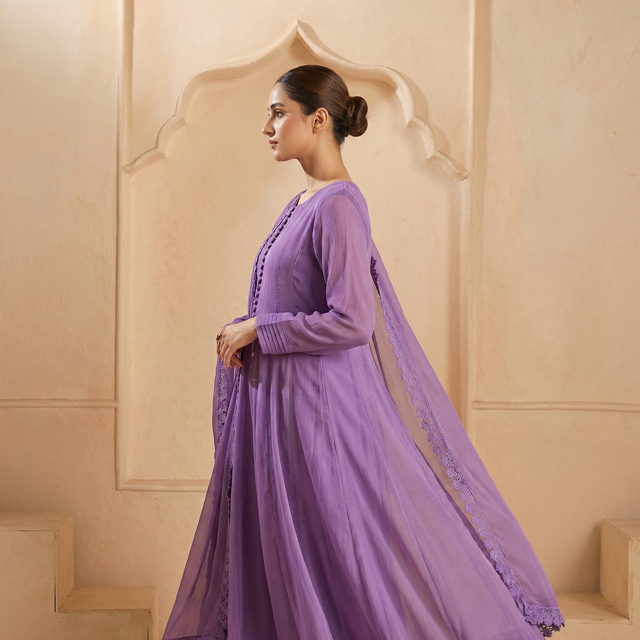 Lavender Chiffon Frock & Lace Dupatta 2-Piece Set (15% OFF)
