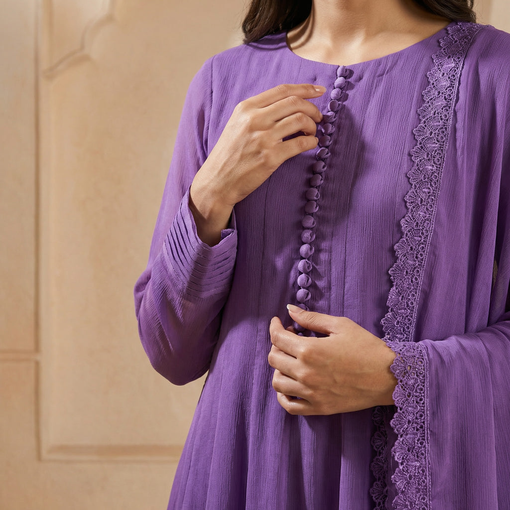 Lavender Chiffon Frock & Lace Dupatta 2-Piece Set (33% OFF)