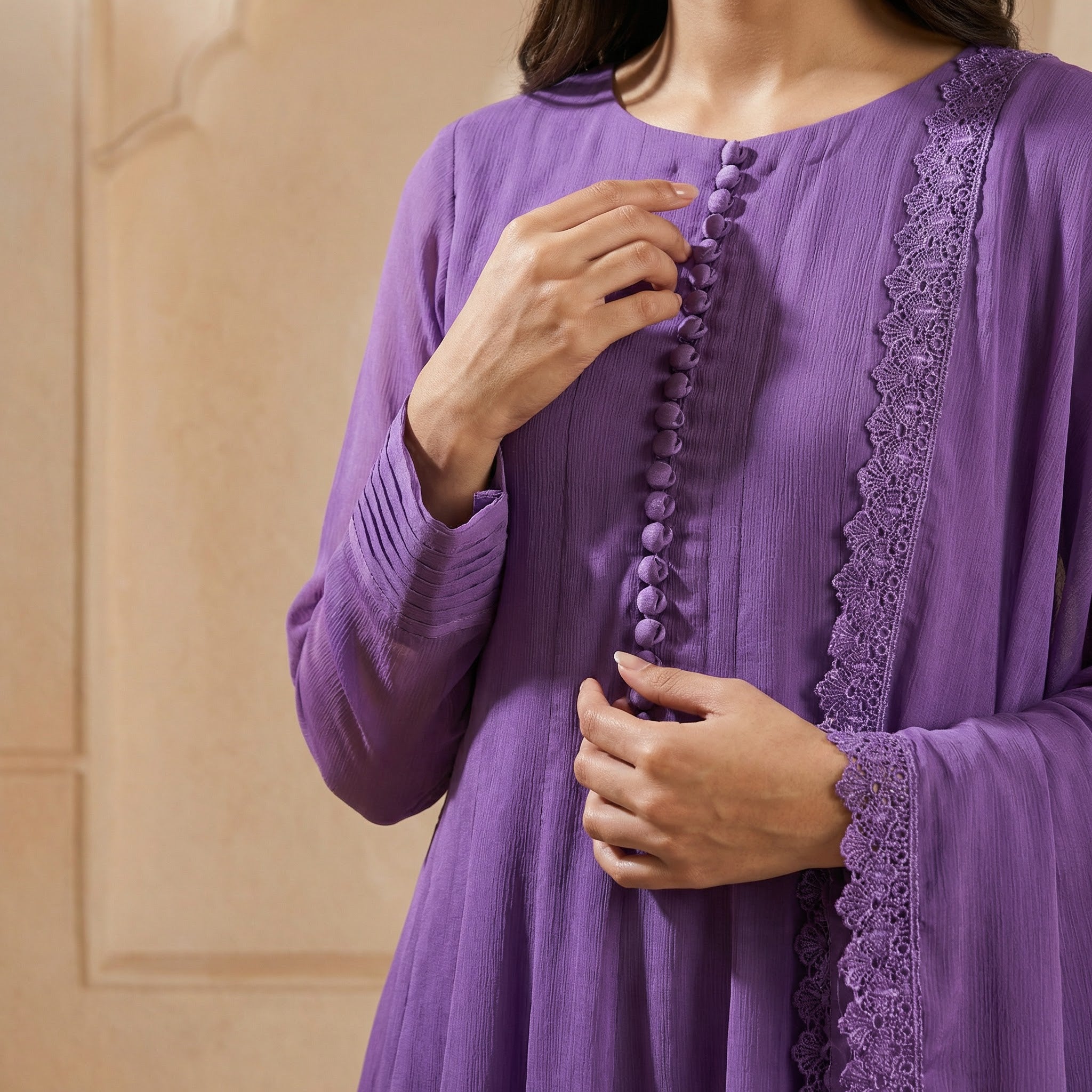 Lavender Chiffon Frock & Lace Dupatta 2-Piece Set (15% OFF)