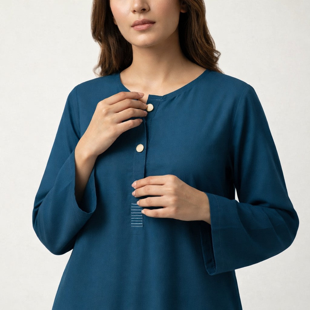 Teal Blue 2-Piece Buttoned Cotton Set (20% OFF)