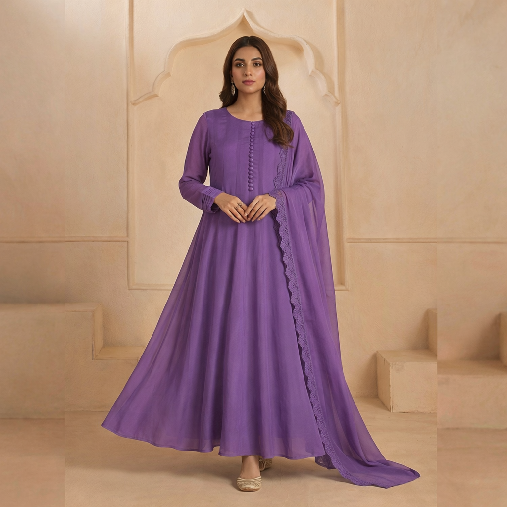 Lavender Chiffon Frock & Lace Dupatta 2-Piece Set (15% OFF)