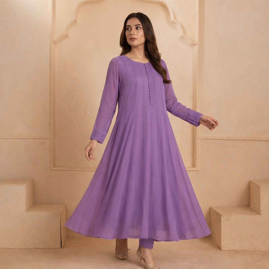 Lavender Chiffon Frock & Lace Dupatta 2-Piece Set (33% OFF)
