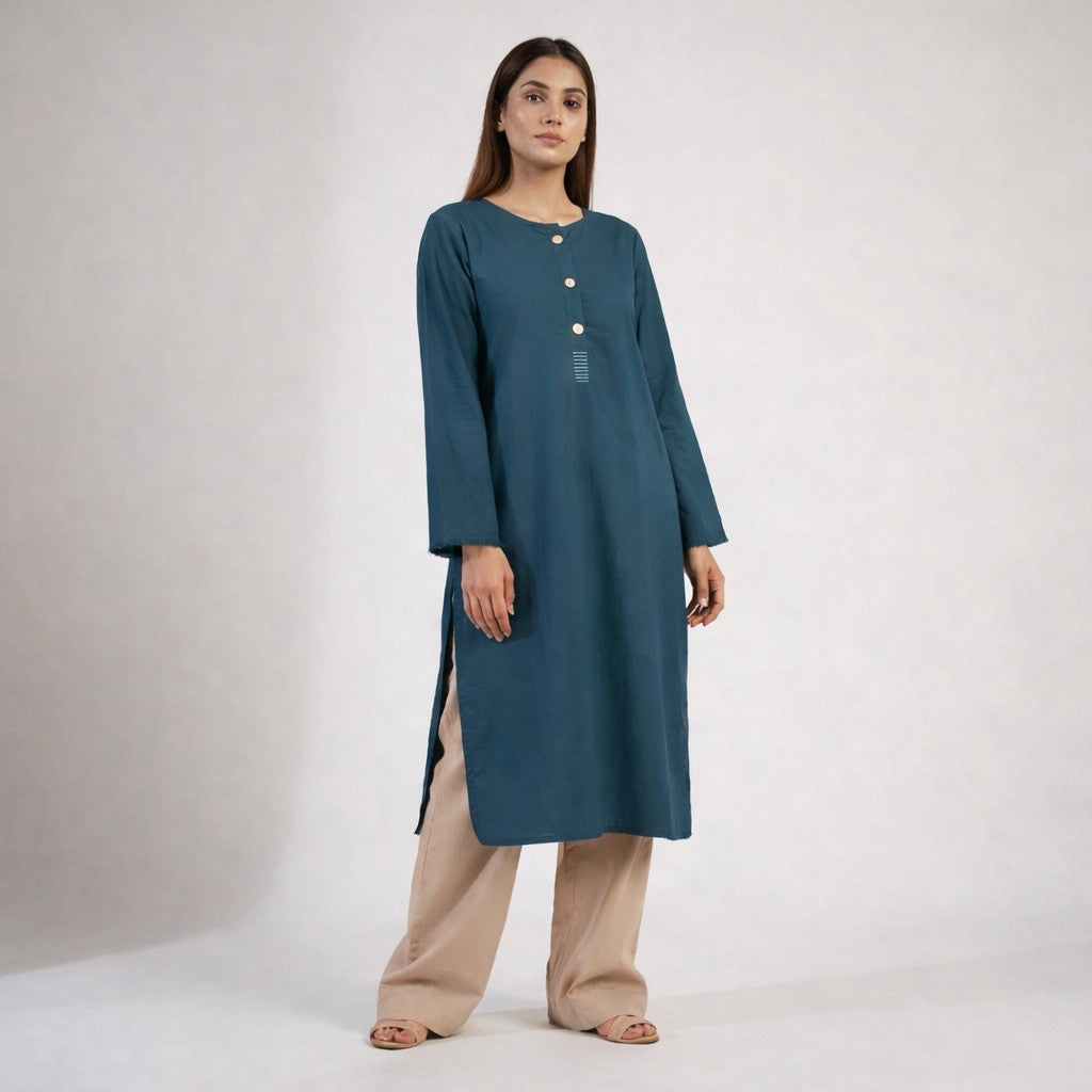 Teal Blue 2-Piece Buttoned Cotton Set (15% OFF)