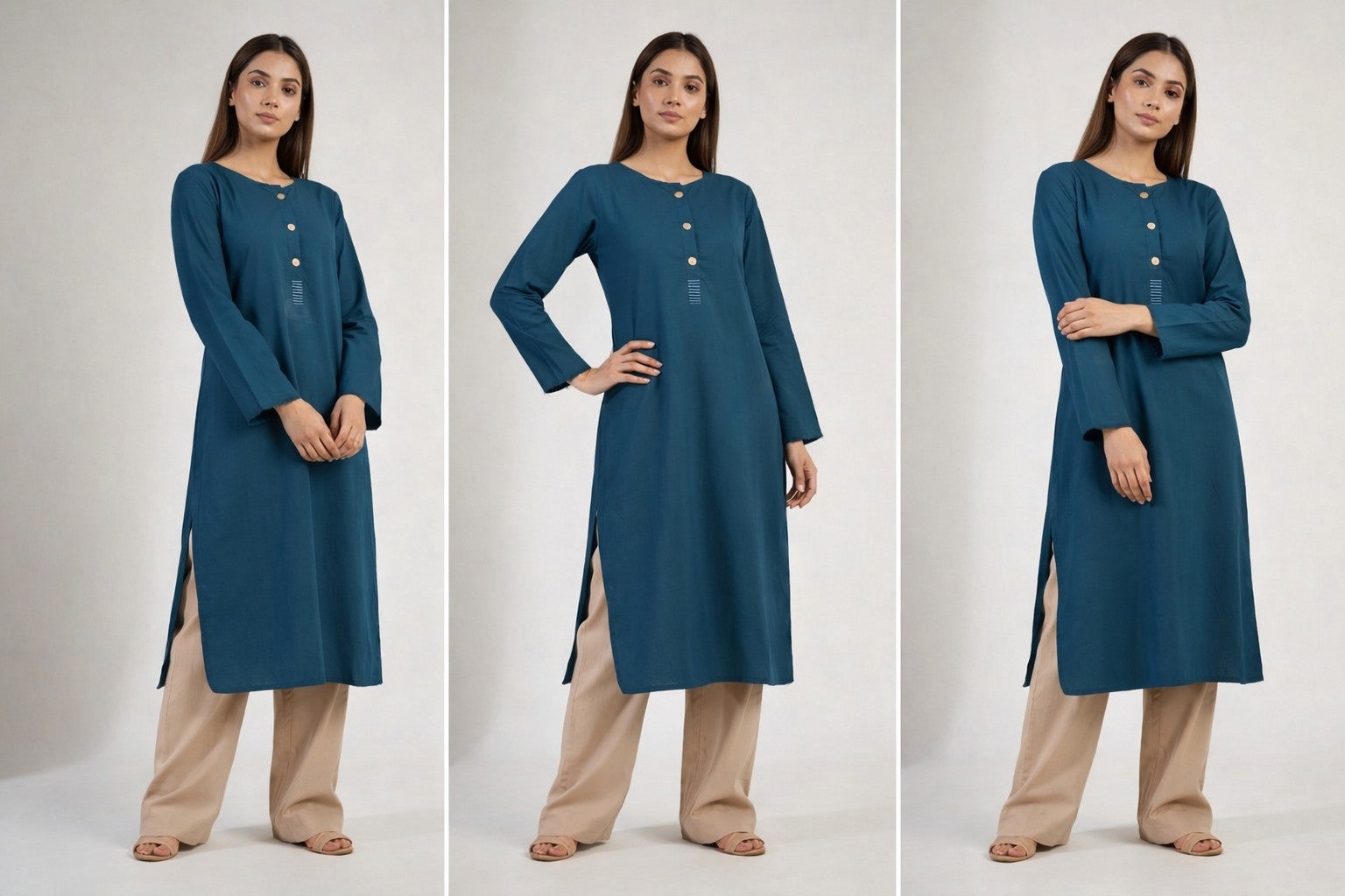 Teal Blue 2-Piece Buttoned Cotton Set (15% OFF)