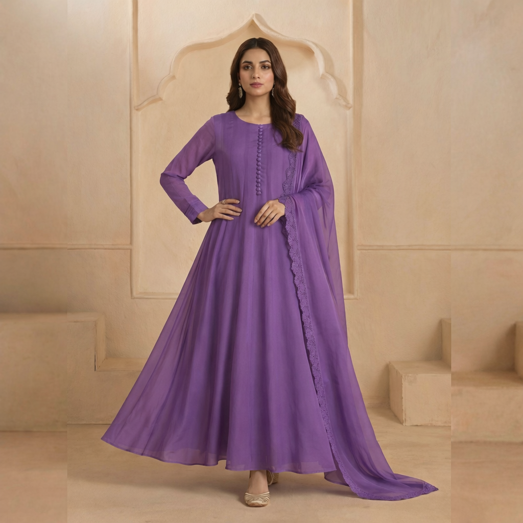 Lavender Chiffon Frock & Lace Dupatta 2-Piece Set (15% OFF)